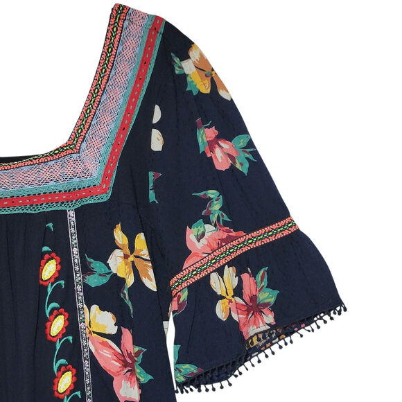 Anthropologie Dakota Embroidered Floral Square Neck Top Bell Sleeve Blue Boho M - Picture 3 of 16